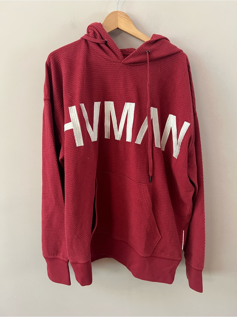 HVMAN Red Waffle Knit Hoodie with White embroidered logo Lettering men’s size xl